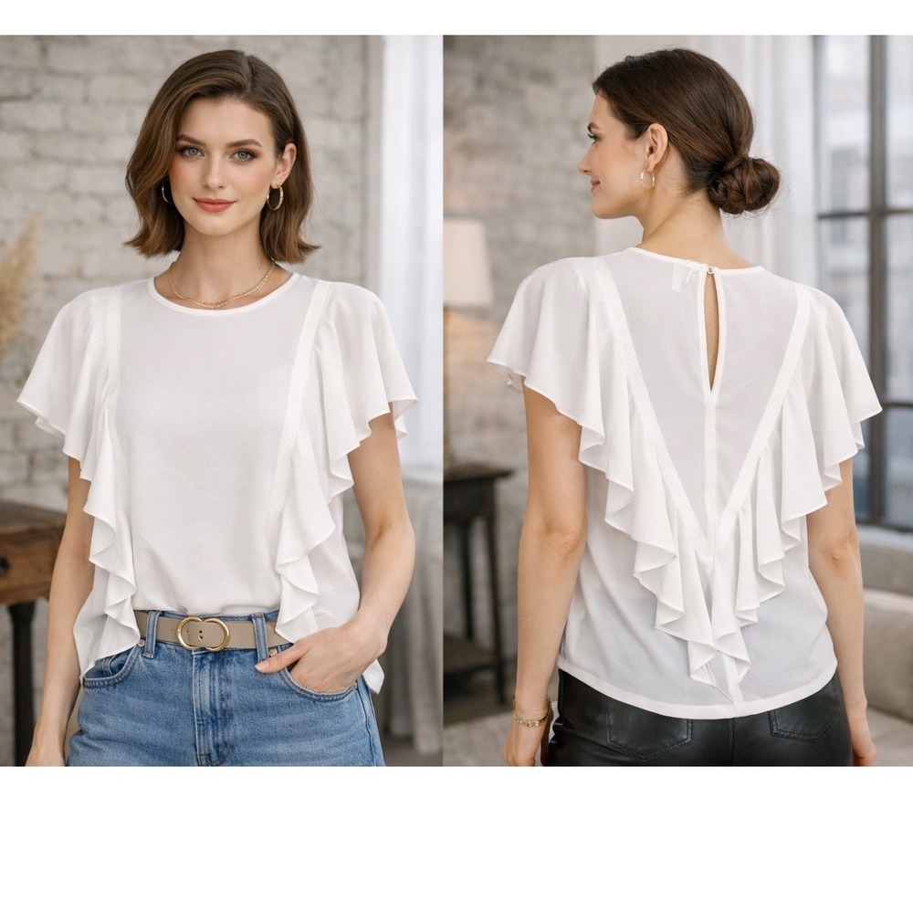 Hugo Boss White Ruffle Flutter Sleeve‎ Blouse Size 4 Career Office